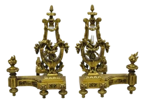 Antique French Empire Neoclassical Bronze Figural Lyre Harp Andirons - A Pair