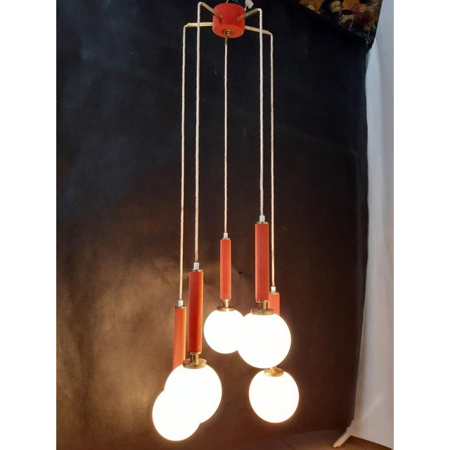 Vintage Red and White Cascade Hanging Lamp with 5 Glass Balls, 1960s For Sale - Image 4 of 17