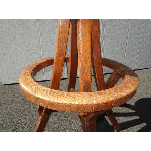 Antique Industrial Adjustable Swivel Oak Drafting Stool Barstool 1of3 ~ # 2 For Sale - Image 13 of 17