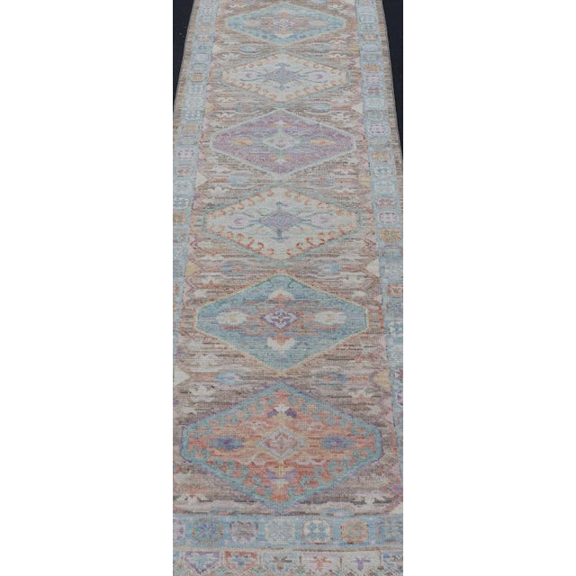 Tribal Hand Knotted Modern Oushak Geometric Medallion Designed Runner For Sale - Image 3 of 13