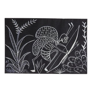Vintage Mid 20th Century Jose Rey Toledo Bug With Bow and Arrow Woodcut For Sale