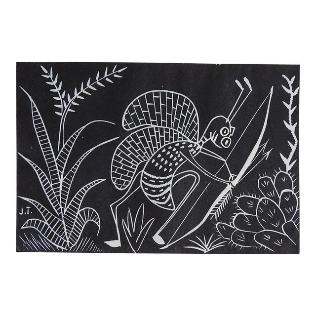 Vintage Mid 20th Century Jose Rey Toledo Bug With Bow and Arrow Woodcut For Sale