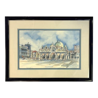 Signed and Framed Original Watercolor Painting of 'The Piazza at San Marco Square' For Sale