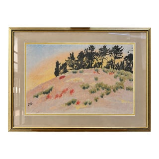 Original Colored Pencil Landscape Drawing – Pink Meadow & Wooded Hillside, Framed, 1980 For Sale