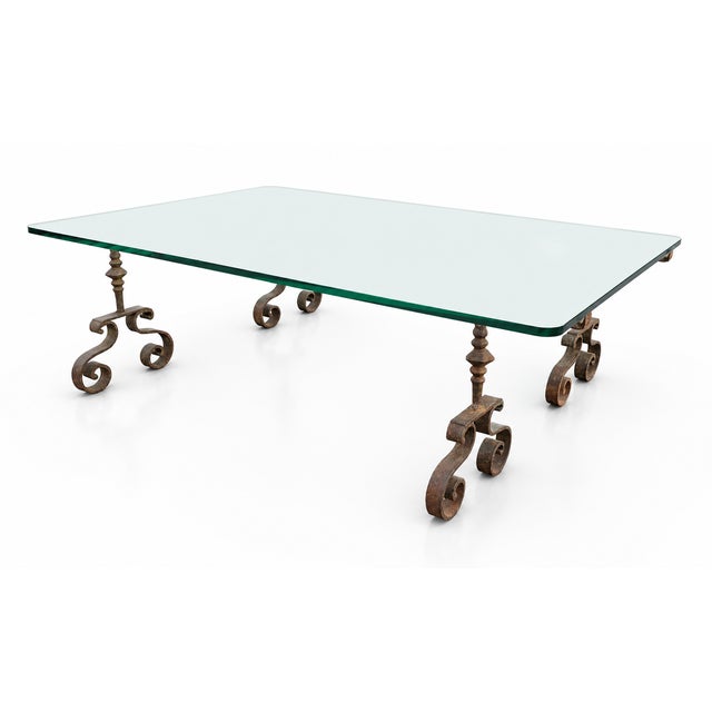 Spanish Spanish Colonial Revival Hand-Forged Wrought Iron Coffee Table With Glass Top, Circa 1930 For Sale - Image 3 of 11