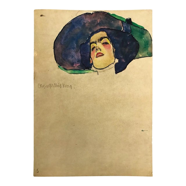 Schiele Lithograph 1 Woman’s Head With Wide Brimmed Hat For Sale