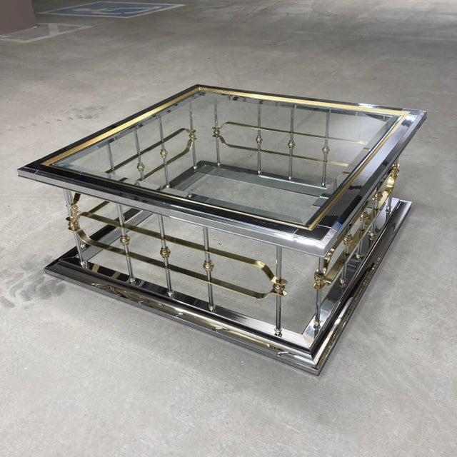 Vintage chrome, brass, and beveled glass in-set top coffee table, in Erwin Lambeth fireplace fender style, manner of...