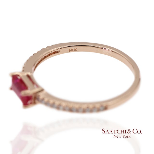 14k 585 Solid Rose Gold Pink Baguette Cut Stone and Natural Diamond Ring, Size 6 For Sale - Image 9 of 12