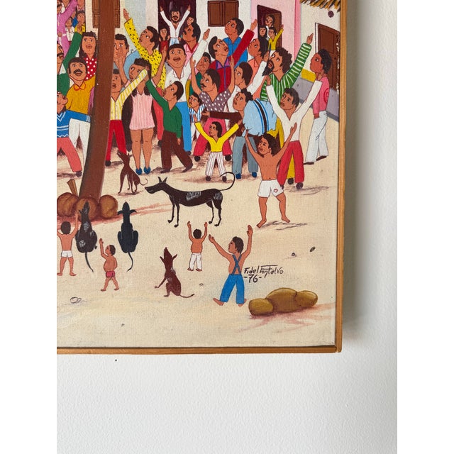 1970 Vintage Spanish Folk Carnival Oil on Canvas Painting by Fidel Fontalvo For Sale - Image 9 of 10