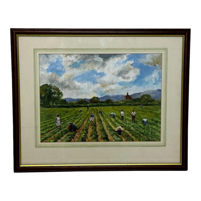 British 20th Century Landscape Oil Painting, Strawberry Pickers Harvesting in West Sussex South Downs For Sale