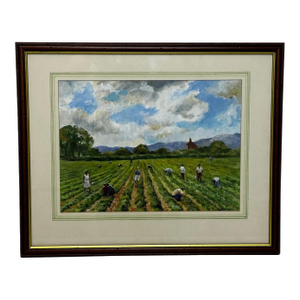 British 20th Century Landscape Oil Painting, Strawberry Pickers Harvesting in West Sussex South Downs