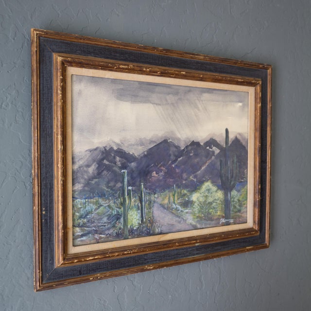 Mid-Century Modern Moody Cactus Watercolor Landscape Painting of Tucson Arizona For Sale - Image 3 of 11