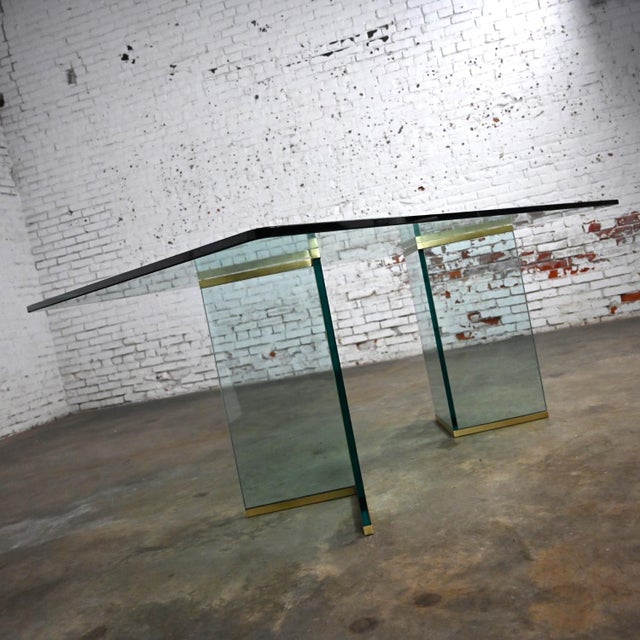 Transparent Late 20th Century Modern Glass & Brass Double Pedestal Dining Table Attributed to Pace Collection For Sale - Image 8 of 12