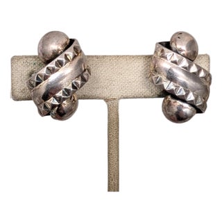 Vintage Signed Napier Modernist Silvertone Scroll Clip Earrings-2 Pieces For Sale