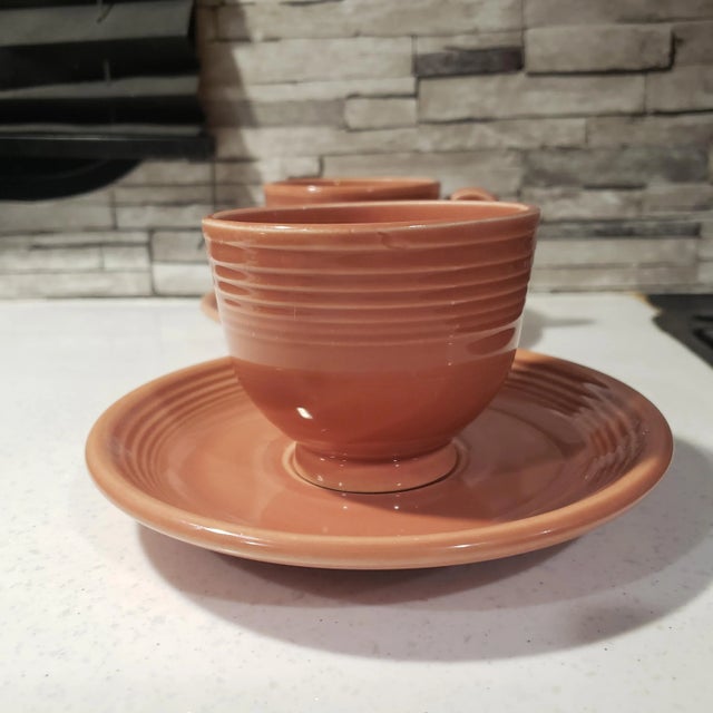 Mid-Century Modern 1950s Fiesta Ware Rose Tea Cup & Saucer Set by Homer Laughlin Pottery- 4 Pieces For Sale - Image 3 of 13
