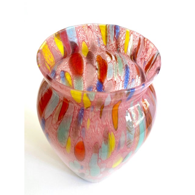 Pink Vintage 1980's Post Modern Abstract Hand Blown Studio Art Glass Multicolor Tall Flower Vase For Sale - Image 8 of 13