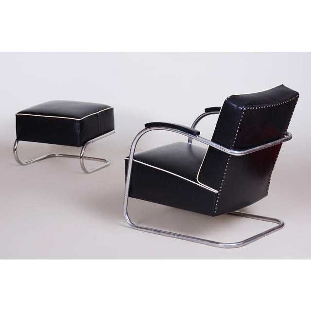 Metal Bauhaus Armchair with Stool in Chrome attributed to Mücke-Melder, Czech, 1930s, Set of 2 For Sale - Image 7 of 12