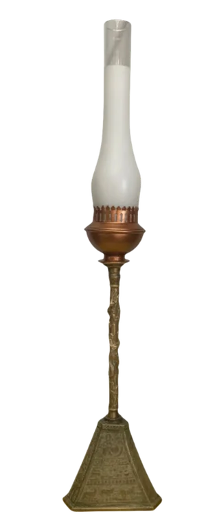 Antique Torchiere Table Lamp: Brass Pyramid Shape With Etched Hieroglyphics
