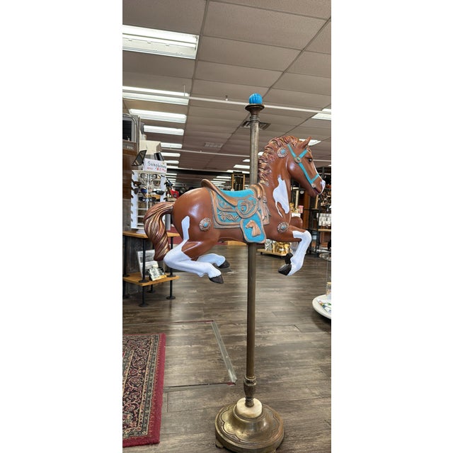 Hand Painted Antique Carousel Horse With Brass Torchiere Stand For Sale - Image 10 of 16