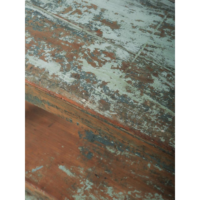 Farmhouse Handcrafted Wooden Shelf With Original Distressed Blue-Green Paint For Sale - Image 3 of 5