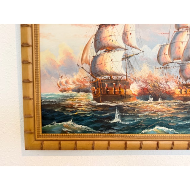 Blue Original Marine Naval Battle Oil Painting Sailing Ships Seascape Framed, Signed For Sale - Image 8 of 12