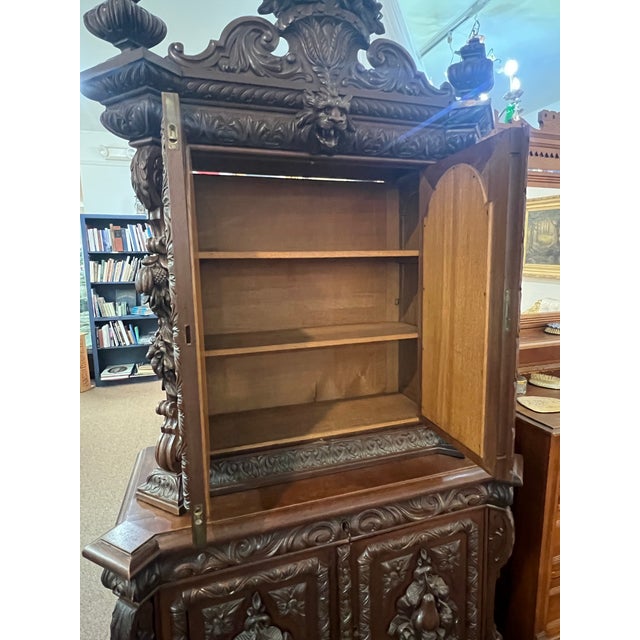 French Rare French Carved Dressing Cabinet With Mirrors Armoir Vines Fruit Lions Head Late 19th C For Sale - Image 3 of 12