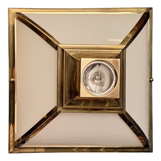 Vintage Ceiling Lamp with Brass Frame and Opaque White Glass Panes, 1980s For Sale