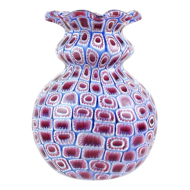 Vintage Murano Fratelli Toso Amethyst Pink Blue White Millefiori Flower Mosaic Italian Art Glass Bud Vase For Sale