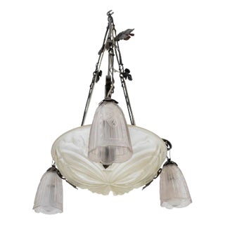 French Art Deco Pressed Glass and Metal Chandelier For Sale