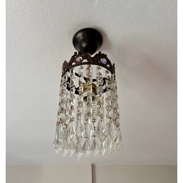 Small Vintage Crystal Chandelier – Bronze Filigree Crown & Amethyst Glass Accents For Sale - Image 15 of 18