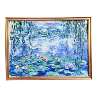 Mid 20th Century Erwin Steinhauser in style of Oscar-Claude Monet Pink Water Lilies Under the WIllow on Blue Impressionist Landscape Oil Painting For Sale
