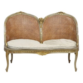 Painted and Parcel Gilt Caned Canape Sofa For Sale