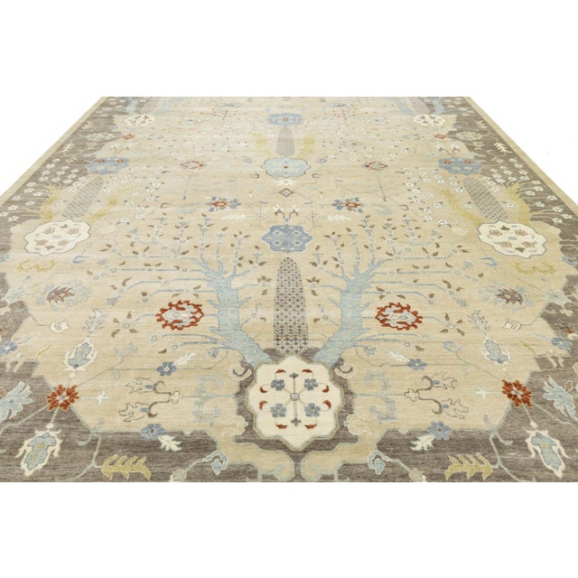 Beige 12 X 15 Handmade Modern Floral Oushak Style Wool Rug in Beige For Sale - Image 8 of 10