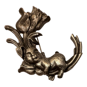 Vintage Pewter Rabbit and Flower Brooch