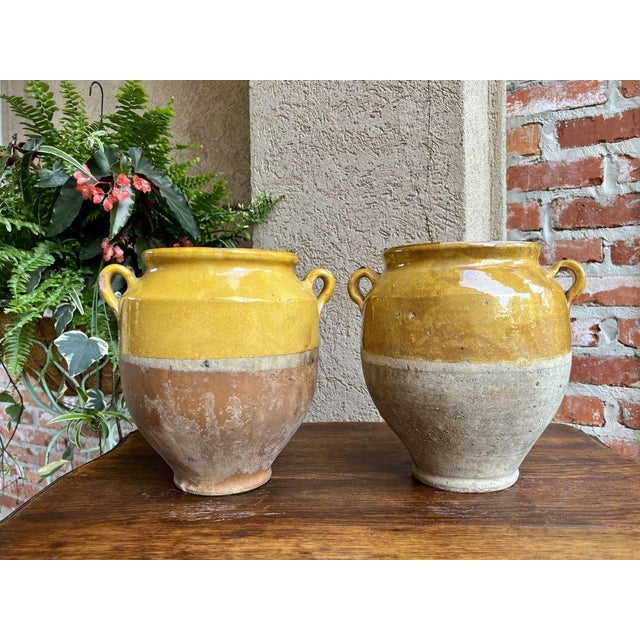 19th century PAIR Set 2 French Confit Pot Yellow Glazed Pottery Provincial. Direct from France, this is for two antique...