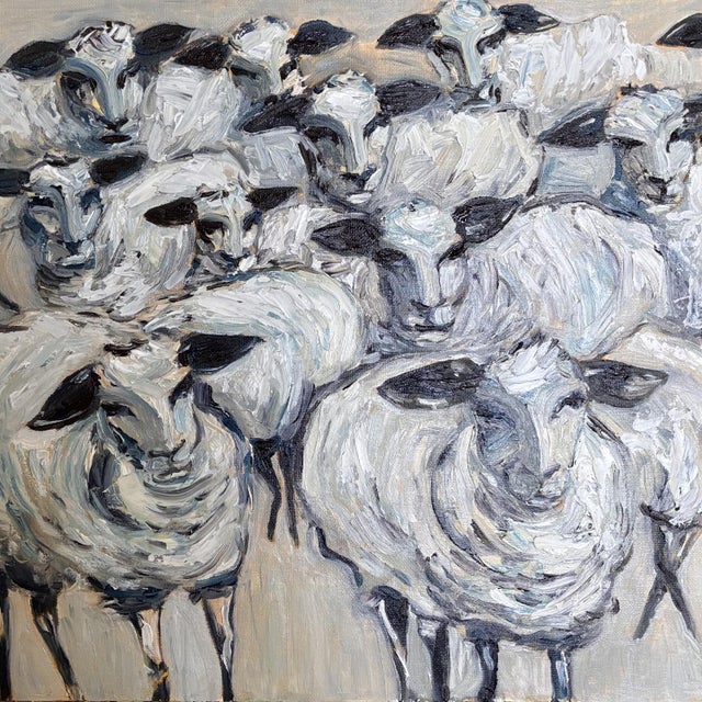 Original Flock of Sheep Painting in Brushed Gold Frame, Oil on Canvas, 16" X 20" by Tatiana Duperault For Sale - Image 4 of 4