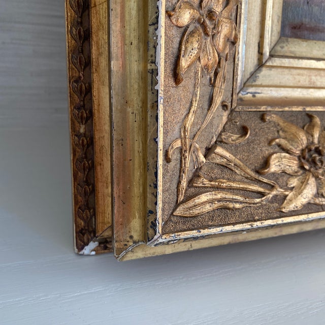 Gold 19th Century Scenic Oil on Canvas in Ornate Distressed Gold Gilt Frame - Signed For Sale - Image 8 of 12