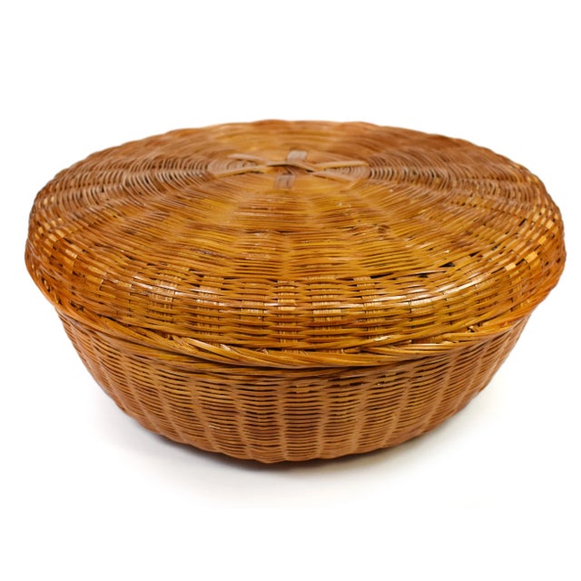 Brown Vintage Hand Woven Wicker Round Lidded Storage Basket For Sale - Image 8 of 8