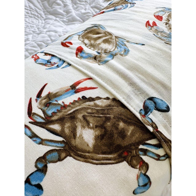 American Virginia Beach Vintage Large Red Pennant on New Woven Coastal Crabs Fabric Throw Pillow For Sale - Image 3 of 3