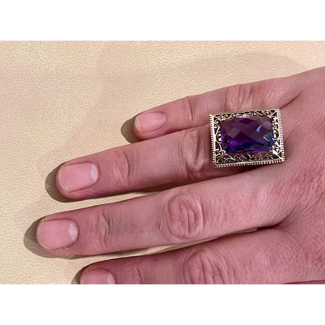 13.5 Carat Checker Board Amethyst Filigree Cocktail Ring in 14 Karat Yellow Gold For Sale In New York - Image 6 of 18