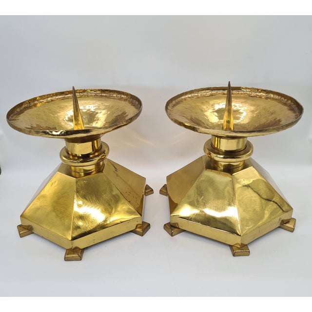 Mid-Century Modern Large Brutalist Brass Candlesticks, Europe, 1970s, Set of 2 For Sale - Image 3 of 11