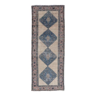 Vintage Persian Hamadan Distressed Runner With Medallion Design in Navy Blue Keivan Woven Arts For Sale