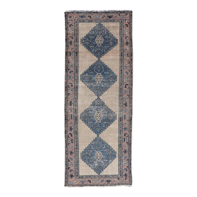 Vintage Persian Hamadan Distressed Runner With Medallion Design in Navy Blue Keivan Woven Arts For Sale