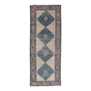 Vintage Persian Hamadan Distressed Runner With Medallion Design in Navy Blue Keivan Woven Arts