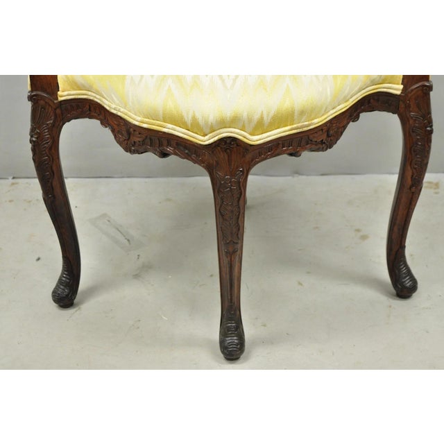 Wood Antique French Louis XV Style Carved Walnut Yellow Fabric Boudoir Lounge Chair For Sale - Image 7 of 14
