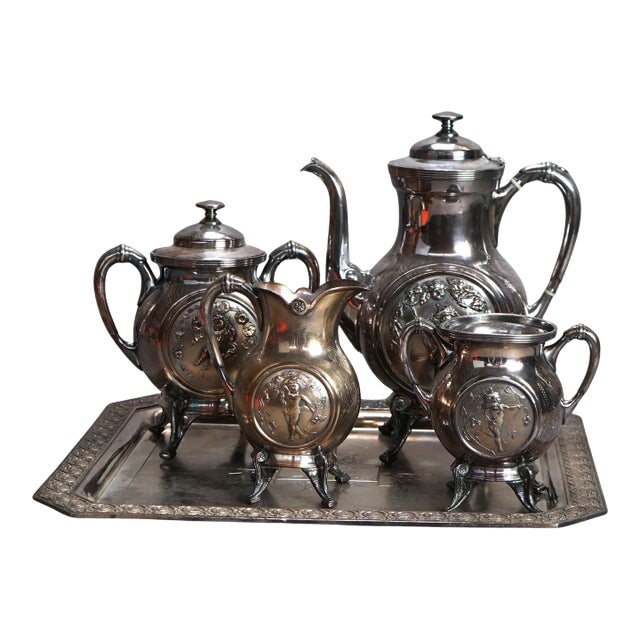 Antique 5 Piece Bailey & Brainard Egyptian Revival Silver Plate Tea Set Circa 1890 For Sale