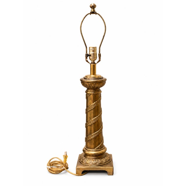 Metal Vintage Brass Column Table Lamp 29” – Ornate Spiral Laurel Leaf Detail & Classical Style For Sale - Image 7 of 7