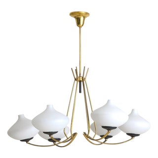 Italian Brass + Opaline Glass Chandelier in the Manner of Stilnovo, 1950s For Sale