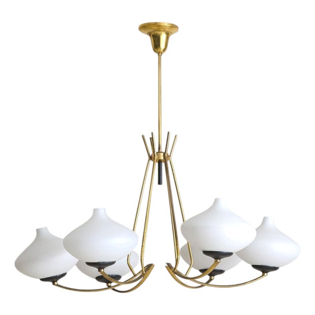 Italian Brass + Opaline Glass Chandelier in the Manner of Stilnovo, 1950s For Sale