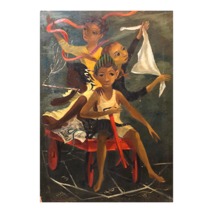 Paul Zimmerman, Modernist Oil Painting Social Realist Kids and Cat in Red Wagon WPA Style, c.1950s